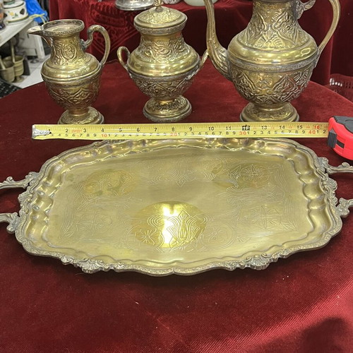 Vintage tea set used, oriental style with embossed teapot and tray