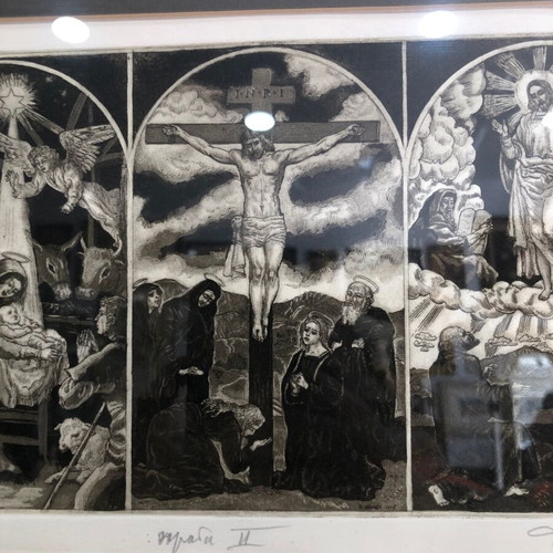 David Bekker woodcut used depicting the birth, crucifixion, and resurrection of Christ