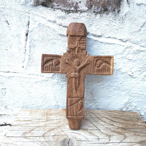 Handmade Acacia Wood Cross like new with Jesus Christ carving