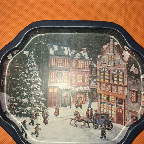 3 vintage metal trays 19.5×16cm, Christmas & butterfly theme, pack