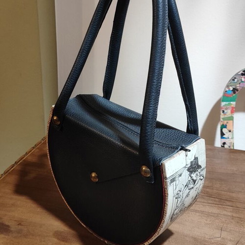Women's handbag made of wood and calf leather new, black and white