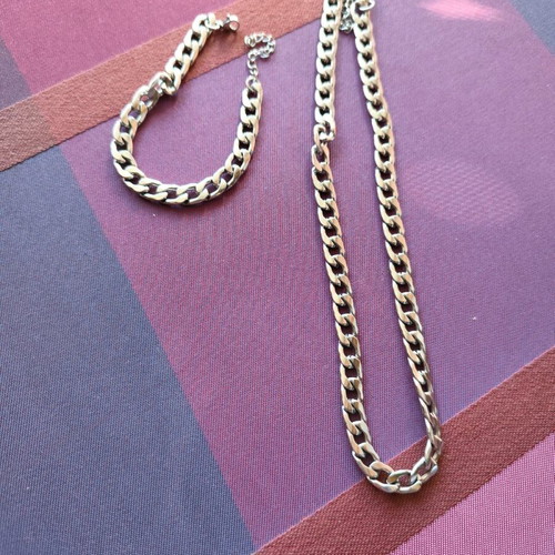 Zara Unisex Silver Steel Chain Necklace and Bracelet Set
