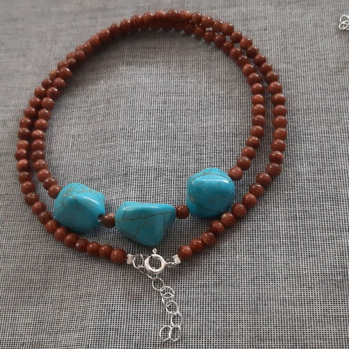 Psyche jewelry set necklace and bracelet with goldstone turquoise silver 925 new handmade