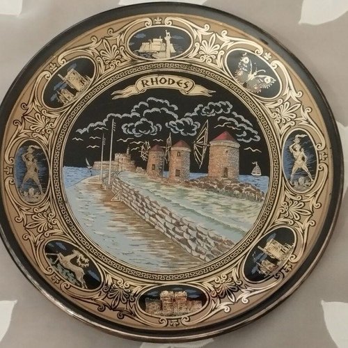 Handmade hanging ceramic decorative plate, gold-plated, Rhodes