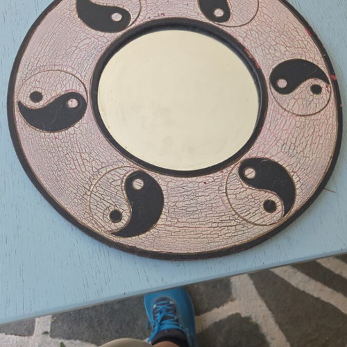Wooden mirror with Ying & Yang design, used, diameter 40 cm