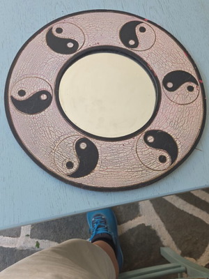 Wooden mirror with Ying & Yang design, used, diameter 40 cm
