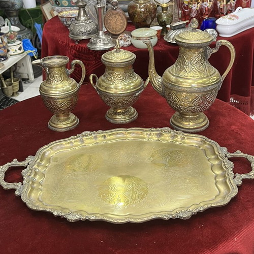 Vintage tea set used, oriental style with embossed teapot and tray