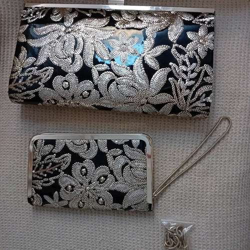 Clutch bag with floral gold sequin embroidery and matching wallet