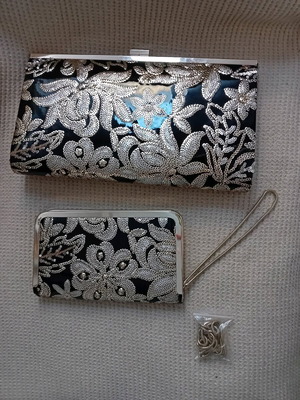 Clutch bag with floral gold sequin embroidery and matching wallet