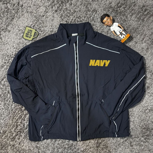 Dark blue waterproof windbreaker jacket with NAVY print, size M