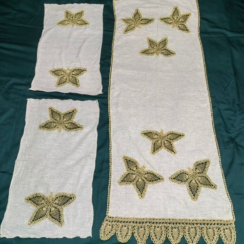 Vintage 60s handmade table runner set with gold butterflies and lace, 2 doilies like new