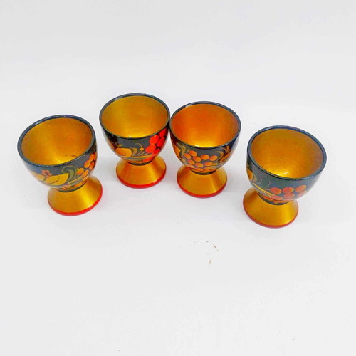 Vintage Russian Khokhloma Egg Cups Set of 4, Handpainted Wood