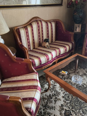 Σετ σαλονιού με διθέσιο καναπέ, 2 πολυθρόνες, τραπέζι και φωτιστικό Λιμόζ σαν καινούργιο