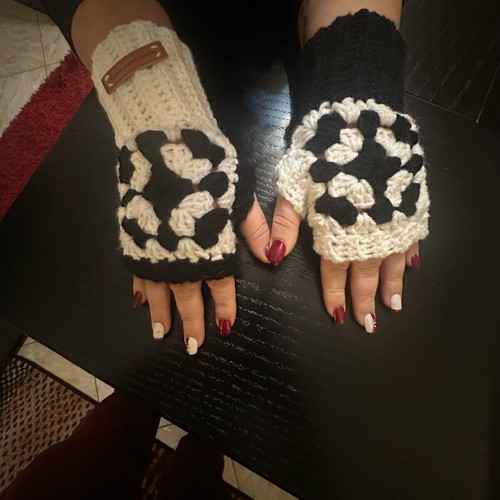 Knitted handmade fingerless gloves black and white with granny square design made to order