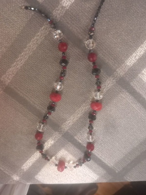 Long necklace with beads used, black and red shades, length 50cm