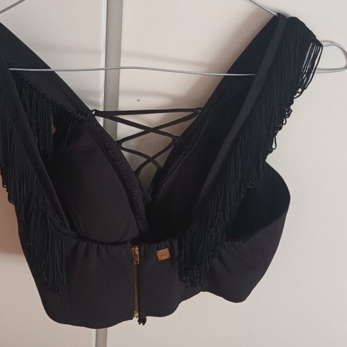 BSB black bustier top with fringe and crisscross front