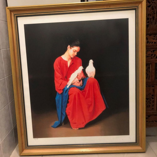 Angelos Panagiotou collectible silk screen printing "Girl with Doves" used