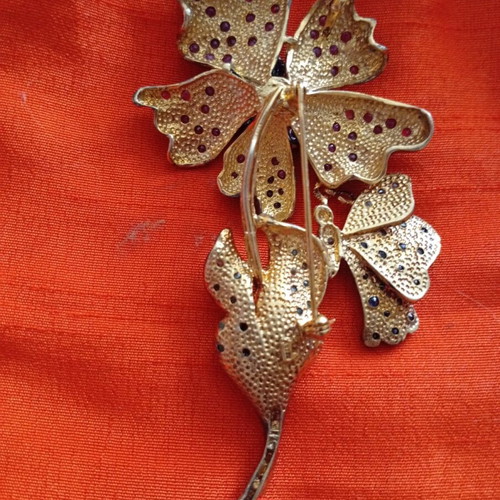 Antique camellia brooch with butterfly, 9k gold and 925 silver