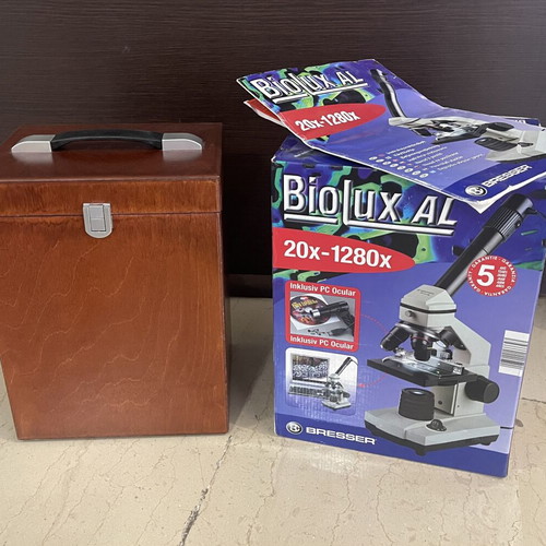 Bresser Biolux AL Microscope new, 20x-1280x, vintage 2004, wooden case