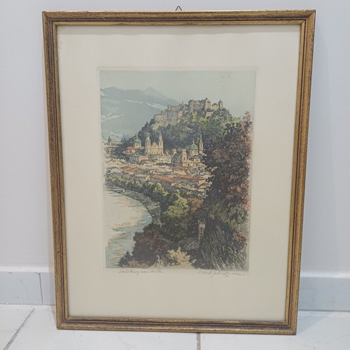 Salzburg Landscape Painting used with Hohensalzburg Fortress etching