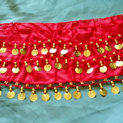 Dance skirt new, decorated with coins and ethnic elements, fiery red