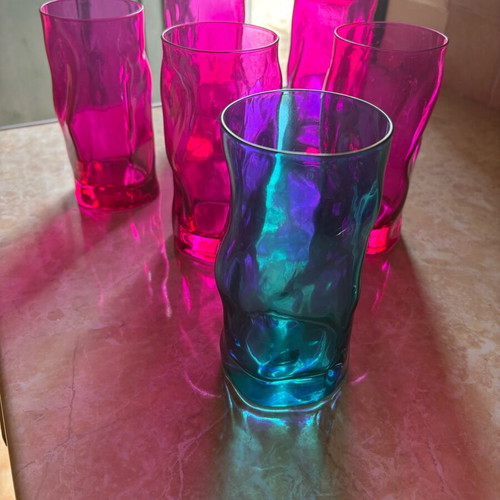 Colored glass water glasses set of 6, wavy design