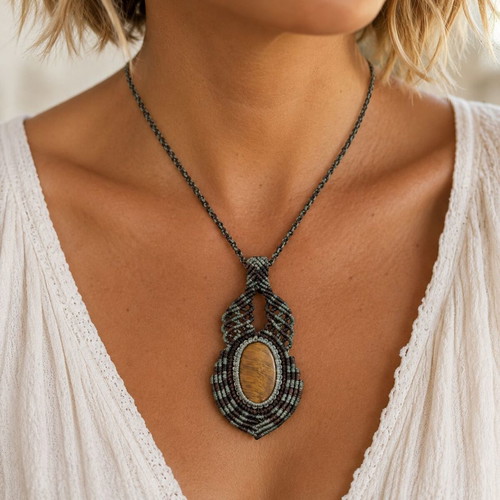 Handmade macrame necklace with tiger's eye
