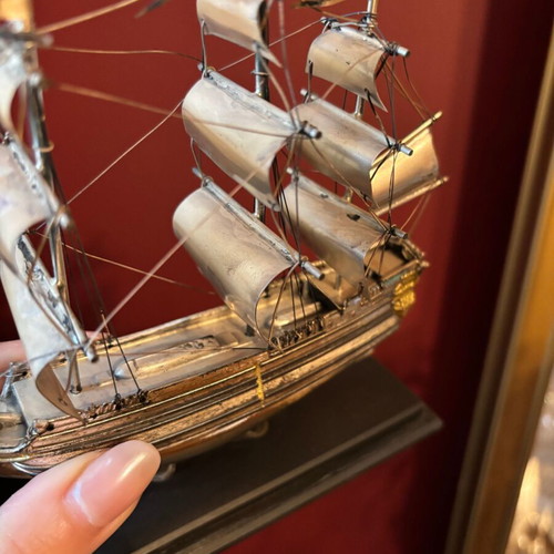 Set of 3 metal sailing ships used, vintage captain's collection