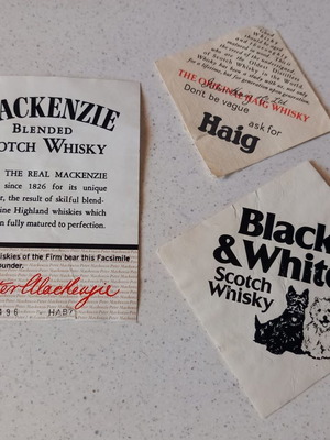 Mackenzie, Black & White and Haig Whisky labels used