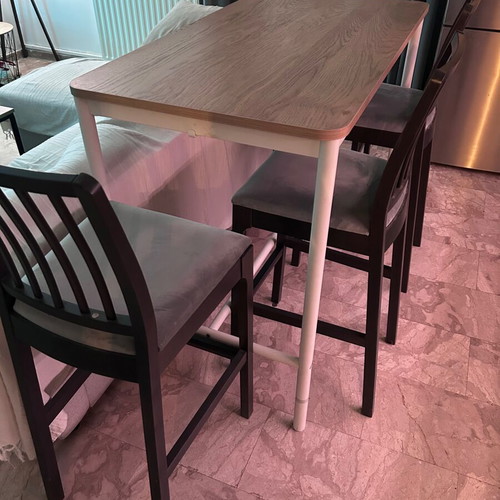 IKEA EKEDALEN bar dining set with 4 grey fabric stools