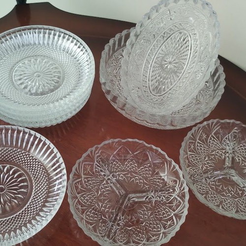 Vintage glass serving set, 22 pieces with embossed designs