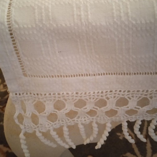 Handmade white embroidered table runner tzevres in terracotta-brown shades