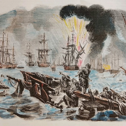 1854 Ναυμαχία Ναβαρίνου Επιχρωμιωμένη Ξυλογραφία Μεταχειρισμένη 25x17cm