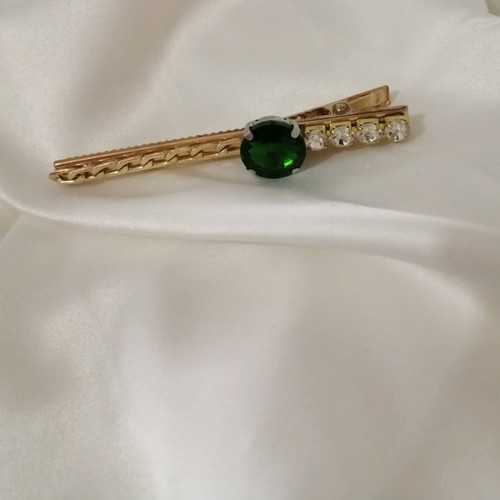 Hair clip new gold color with silver rhinestones and green gem