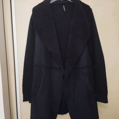 Long knitted cardigan used with leather look Stradivarius black, size S