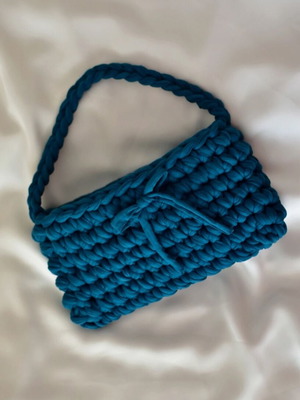 Handmade knitted handbag like new, petrol color from recycled tshirt yarn