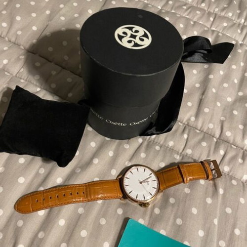 Oxette wristwatch used, brown leather strap, gold details