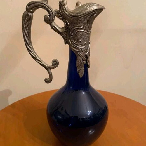 Art Nouveau carafe like new cobalt blue glass with silver-plated lid