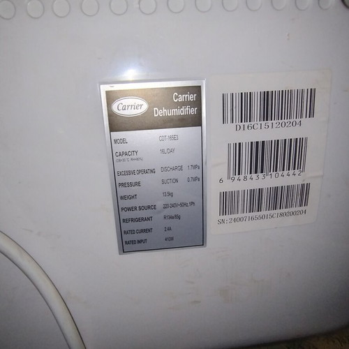 Carrier CDT163E3 dehumidifier used, 240W, 120sqm coverage, 16L/day