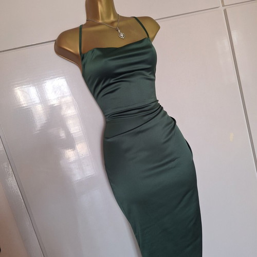 Green satin dress with cross back and slit, size medium