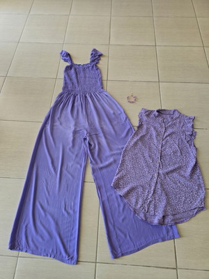 Purple summer set with jumpsuit, floral shirt and bracelet like new