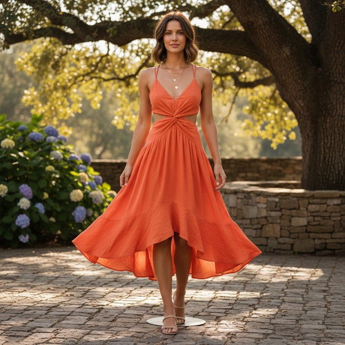 Zimmermann coral linen midi dress with waist cutouts, size 0