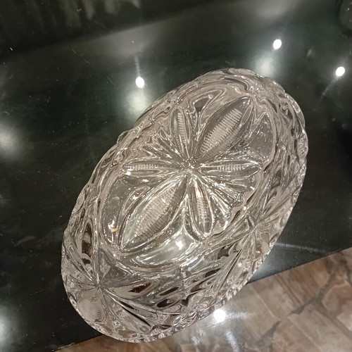 Crystal centerpiece bowl vintage with carved designs and scalloped edge