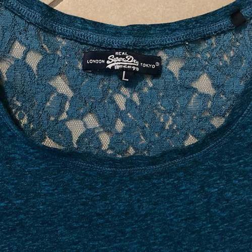 Superdry Women T-Shirt teal blue melange lace back size L like new