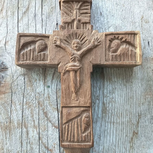 Handmade Acacia Wood Cross like new with Jesus Christ carving