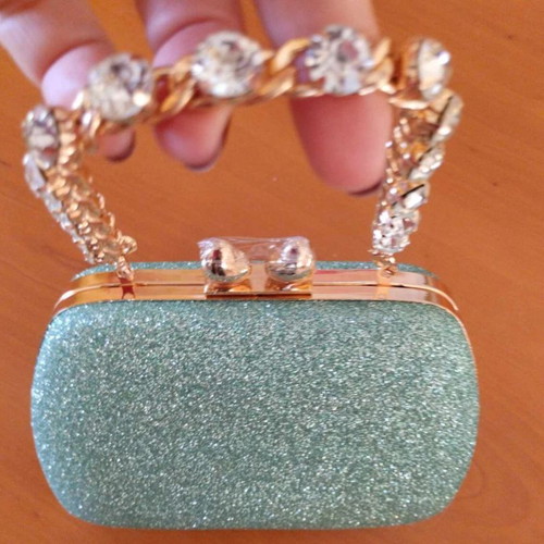 Mint rhinestone clutch bag new with heart clasp and chains