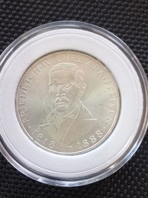 Silver mark Germany 1968 like new, 150 years Friedrich Wilhelm Raiffeisen