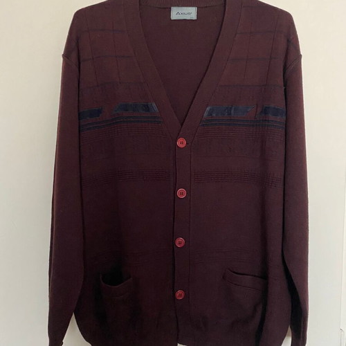 Wool men's cardigan like new, burgundy with blue velvet details