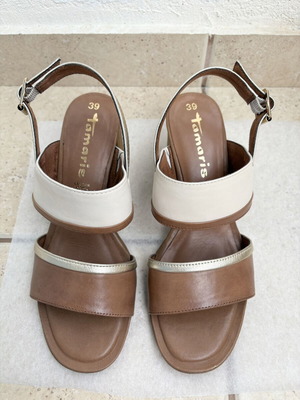 Tamaris leather sandals size 39, beige and brown