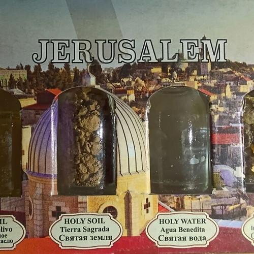 Spiritual souvenir set from Jerusalem with holy water, oil and soil, new